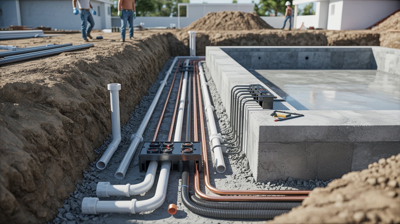 Pool plumbing and electrical systems under installation.
