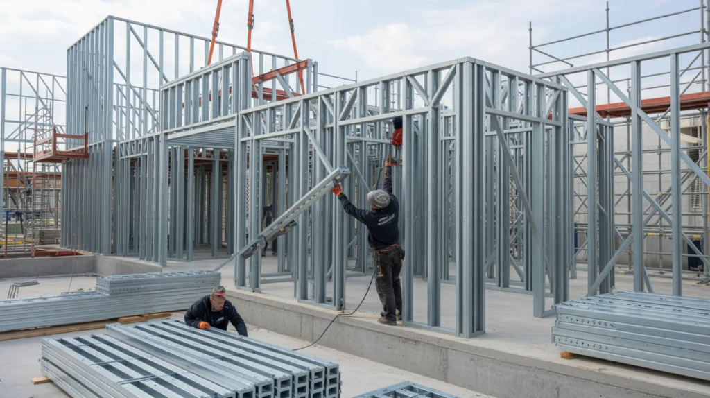 Modern light gauge steel frame construction site with steel framing installation
