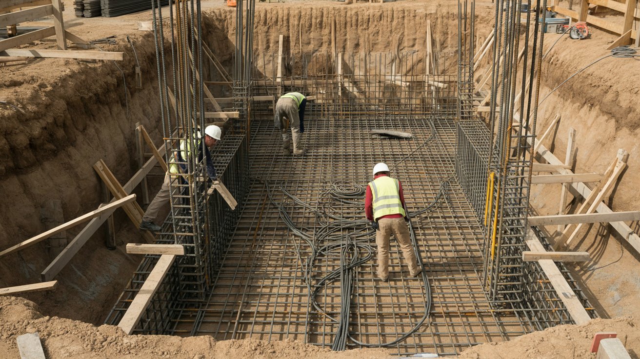 Rebar installation inside an inground pool structure.