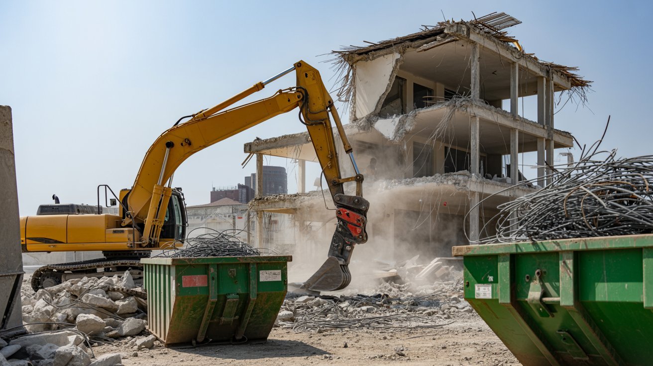 Excavator removing debris and old structures from a construction site.