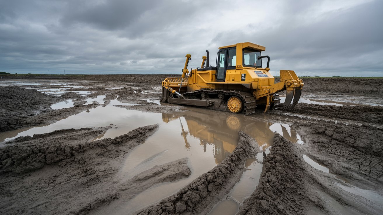 Poor drainage and unstable soil on a construction site.