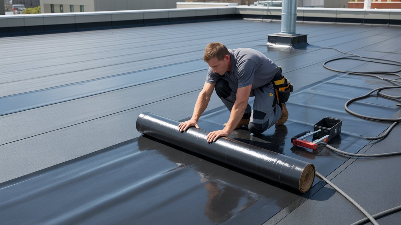 Contractor applying waterproof membrane to a flat roof.
