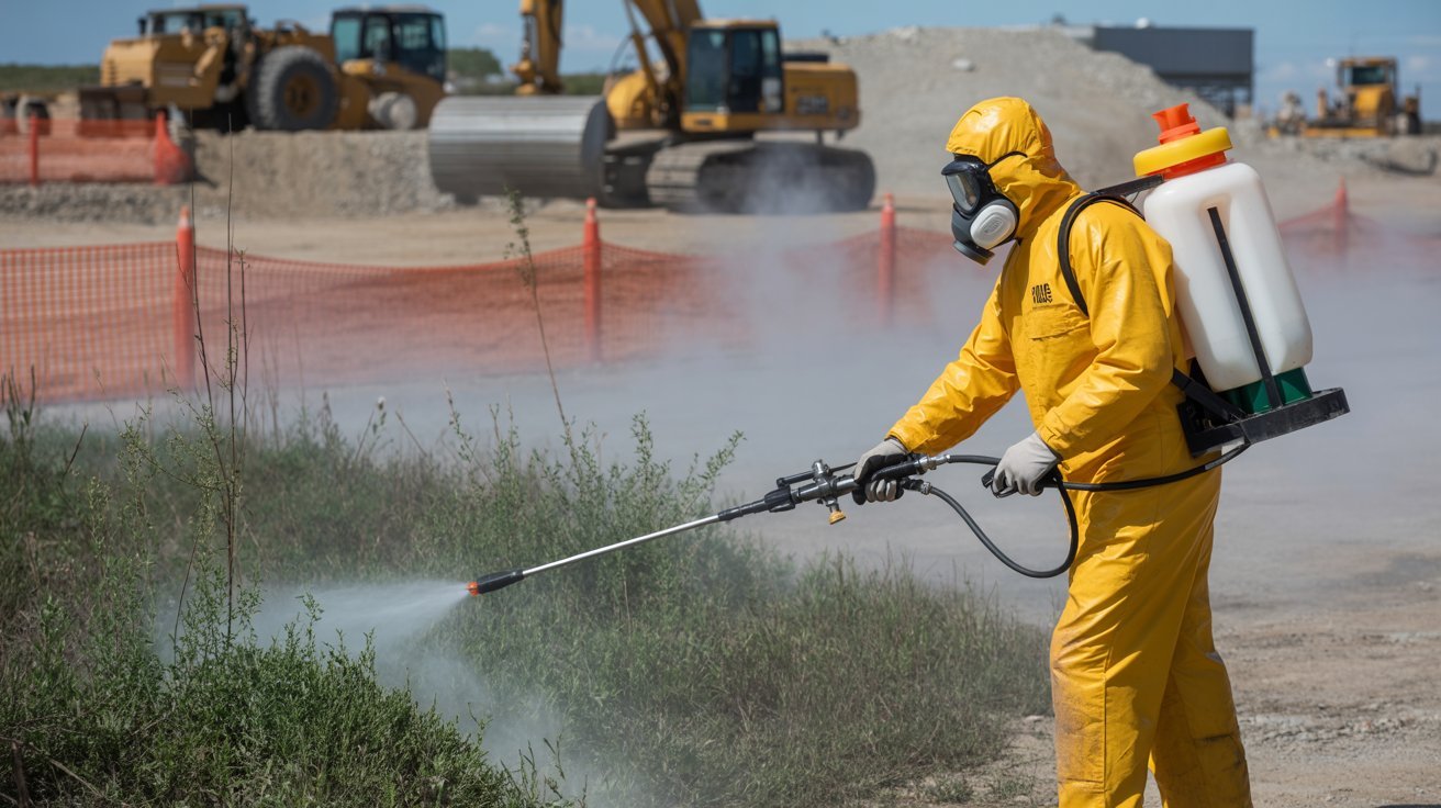 Worker applying vegetation control chemicals during site clearing.