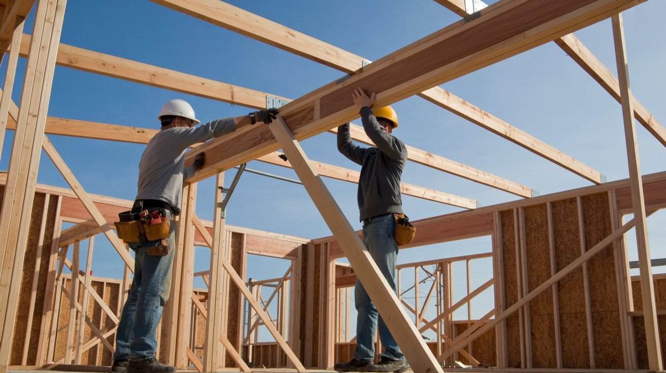 Workers framing the structure for a flat roof installation
