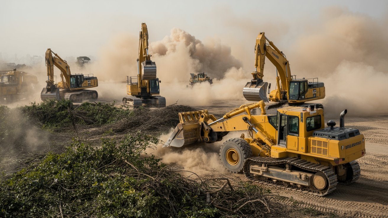 Heavy machinery clearing land for a construction project.
