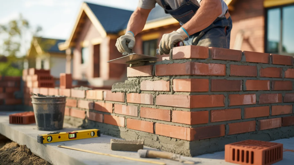 Mason building a red brick wall with mortar and construction tools beside a concrete foundation outdoors.