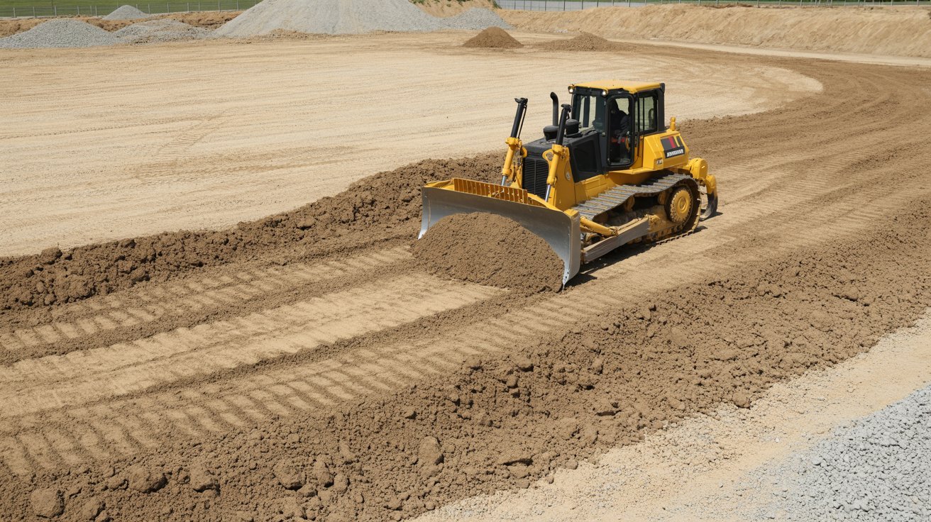 Bulldozer leveling soil on a prepared construction site.