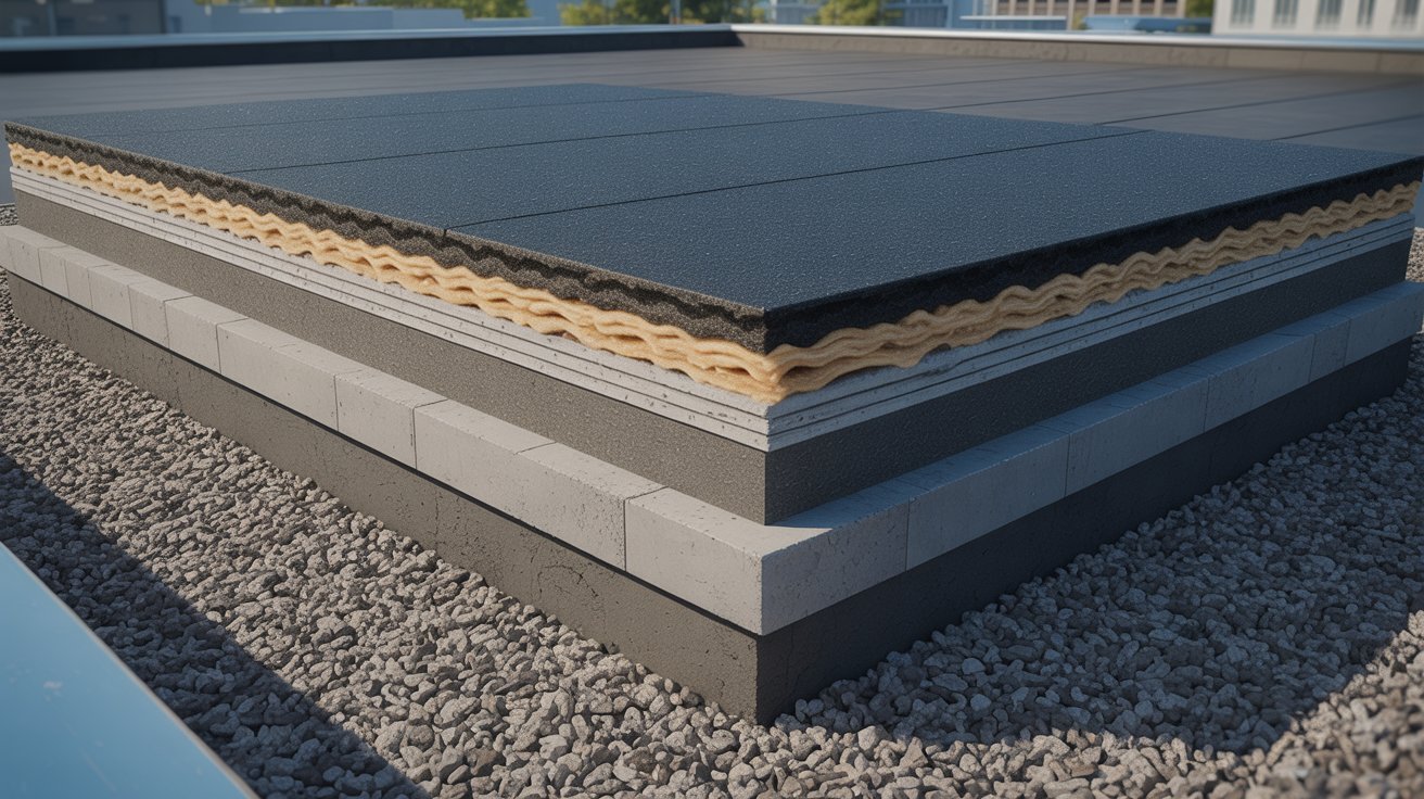 Built-up roofing system with multiple asphalt and gravel layers.
