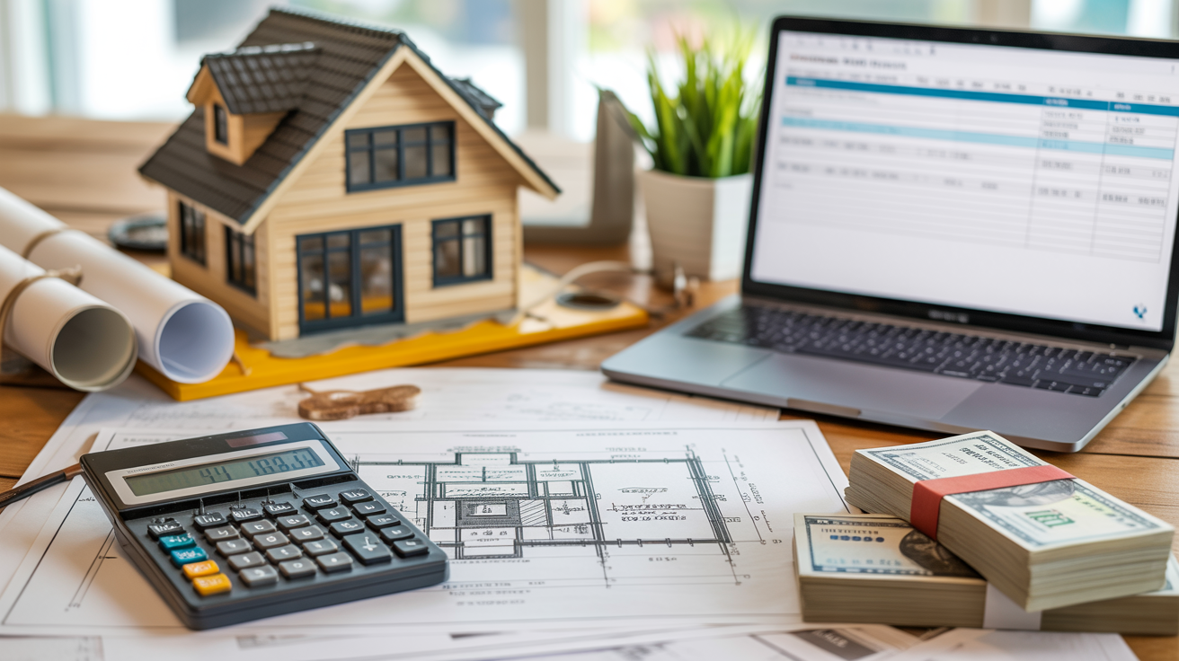 Construction budget planning setup with blueprints, calculator, and financial documents for building a home.
