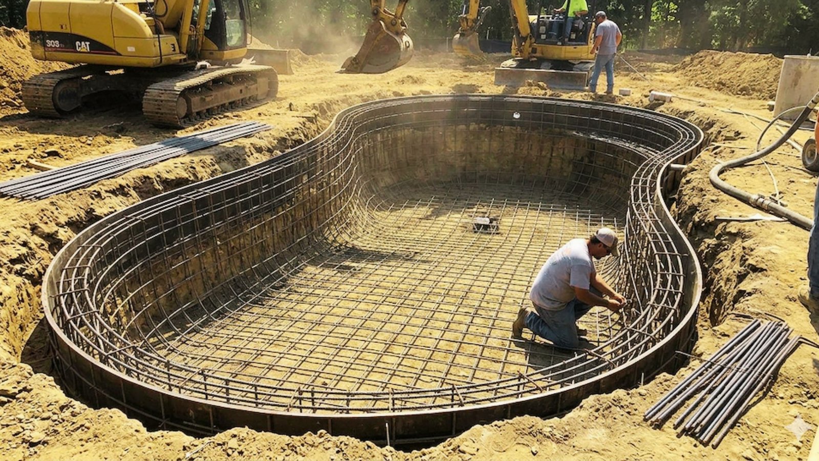 Gunite concrete being sprayed during pool construction.