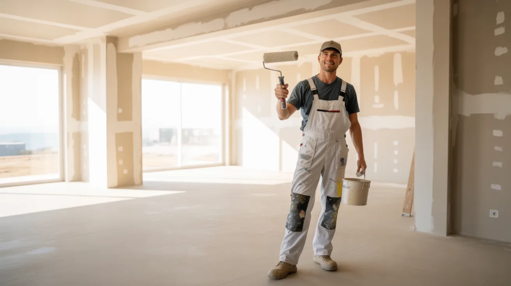 New construction painting inside a freshly built home with bare drywall walls
