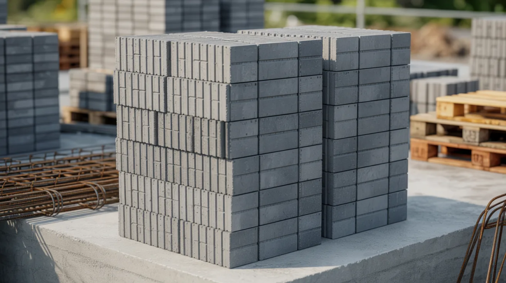 Gray CMU concrete masonry unit blocks stacked on a construction site