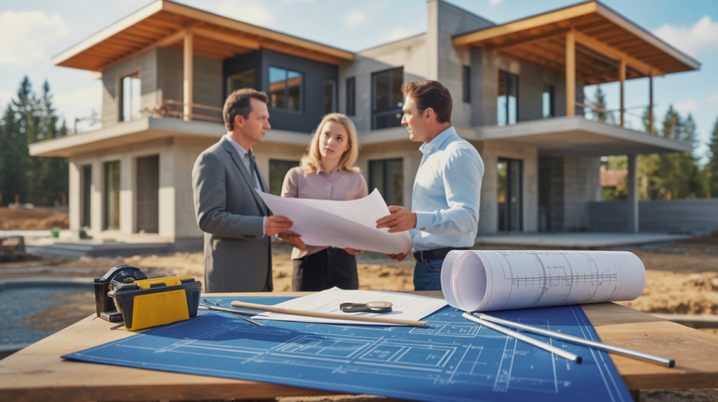 Homeowners planning and starting the construction of a modern dream home with blueprints and a building site in the background.