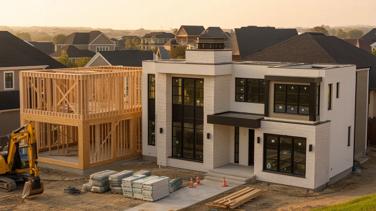 Modern new construction home being built in a suburban neighborhood