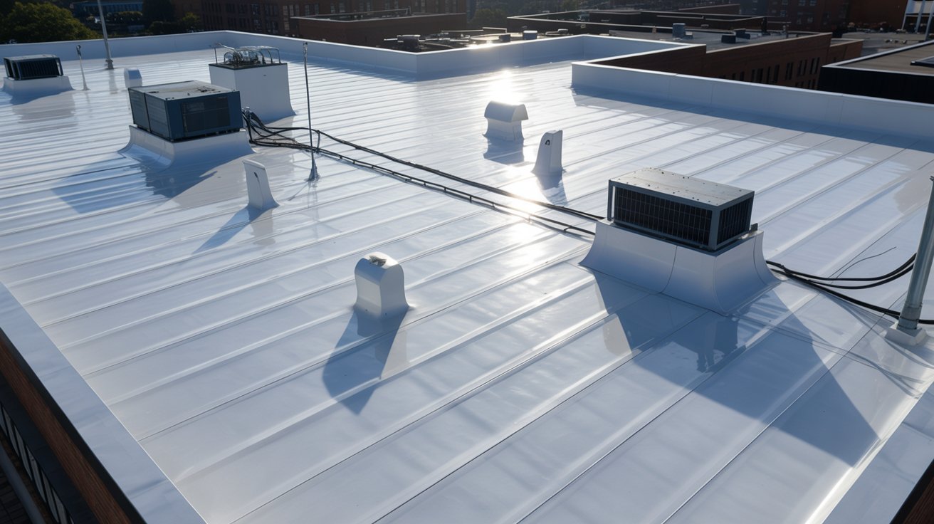Reflective TPO and PVC membranes installed on a flat commercial roof.

