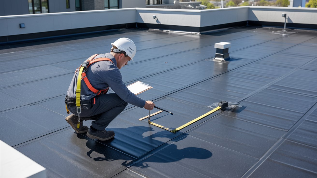  Inspector examining a completed flat roof after installation.