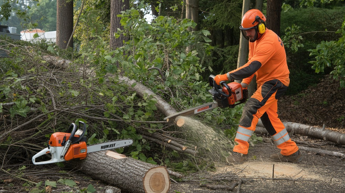 Worker cutting vegetation with brush cutter and chainsaw.