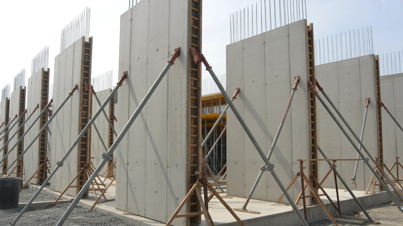 Steel braces supporting tilt-up concrete wall panels 
