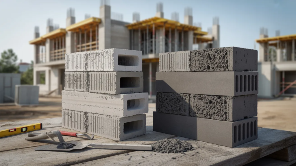 Side-by-side comparison of cinder blocks and concrete blocks on a construction site