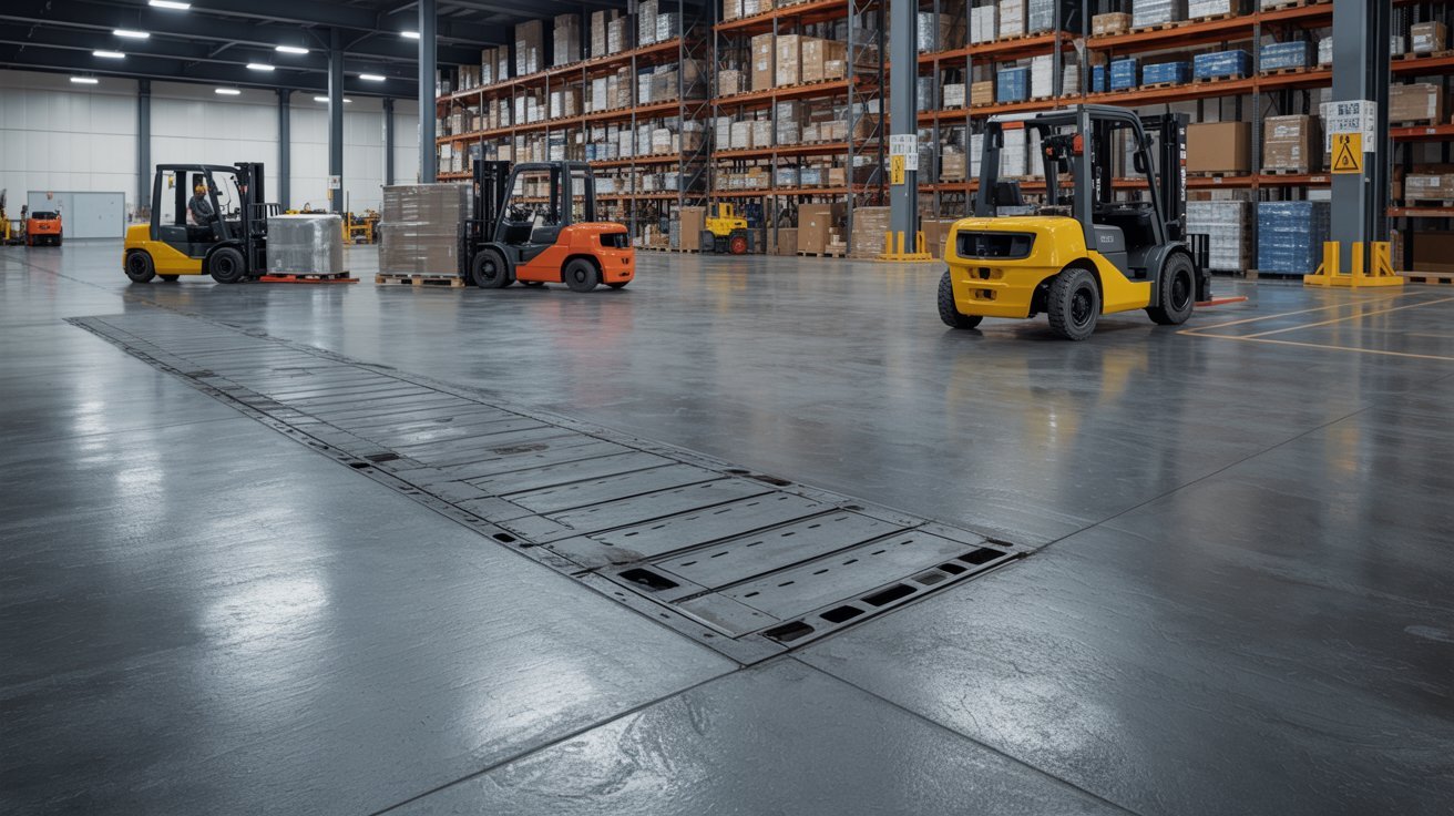Heavy industrial loads supported by a reinforced slab foundation.