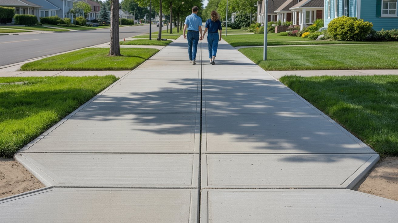 Residential sidewalk wide enough for two people walking side by side.
