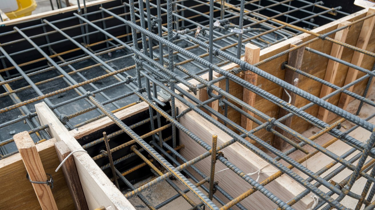 Rebar and wire mesh reinforcement inside a concrete slab foundation.