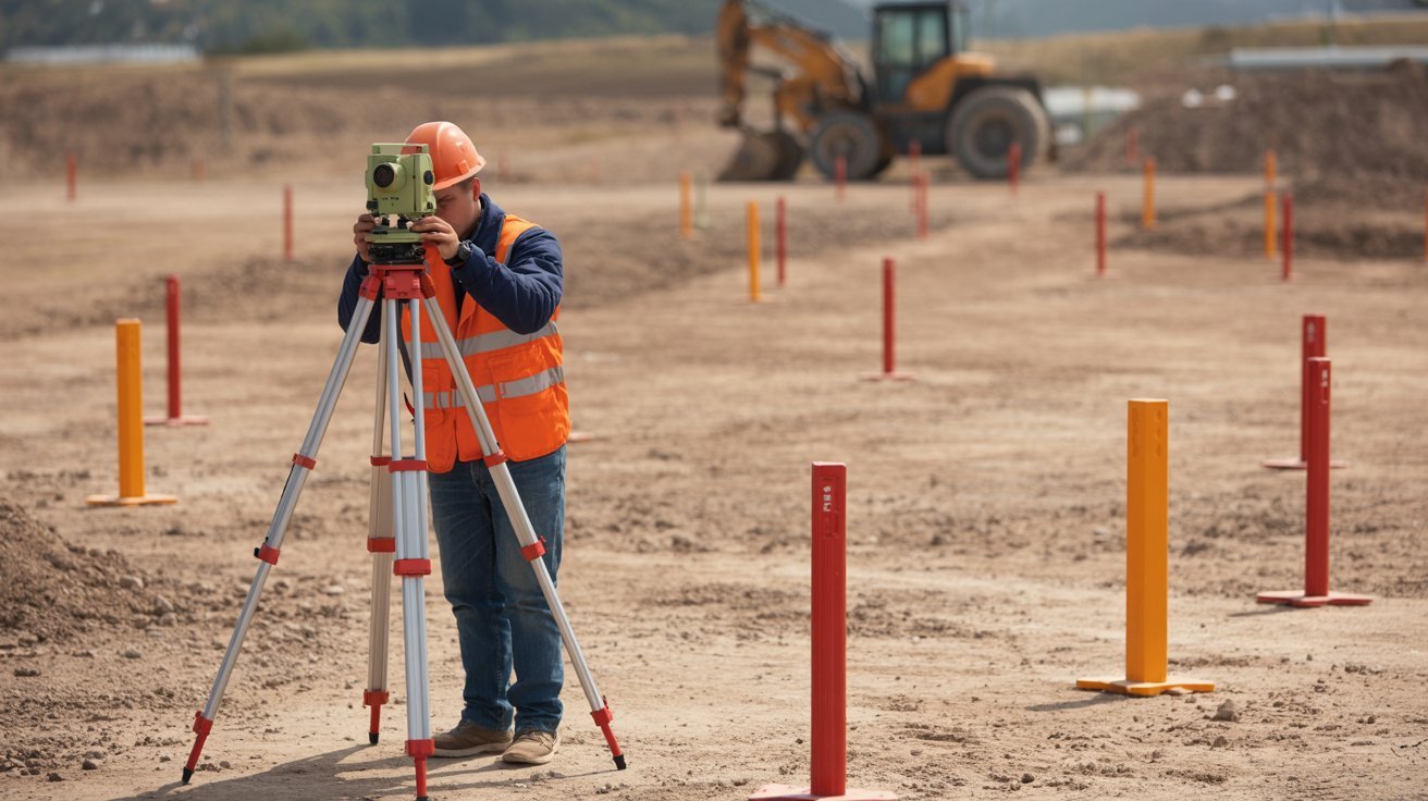 Surveyor measuring land boundaries for construction planning.
