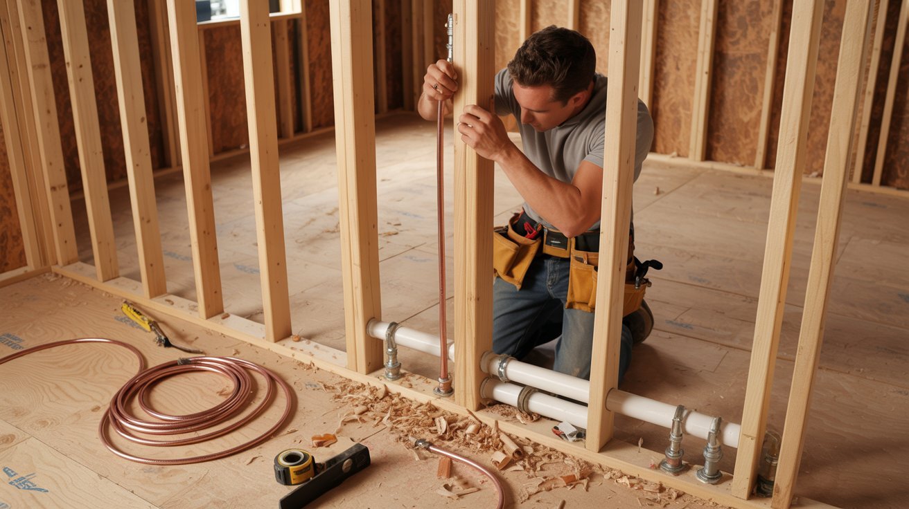 Plumber installing rough-in pipes before walls are closed.