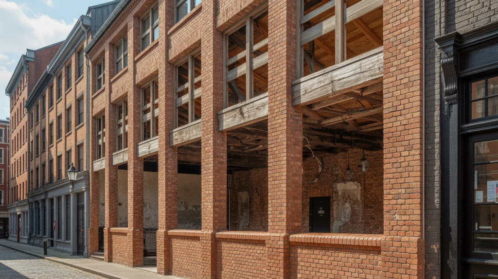 Old joisted masonry building with brick walls and wood interior framing