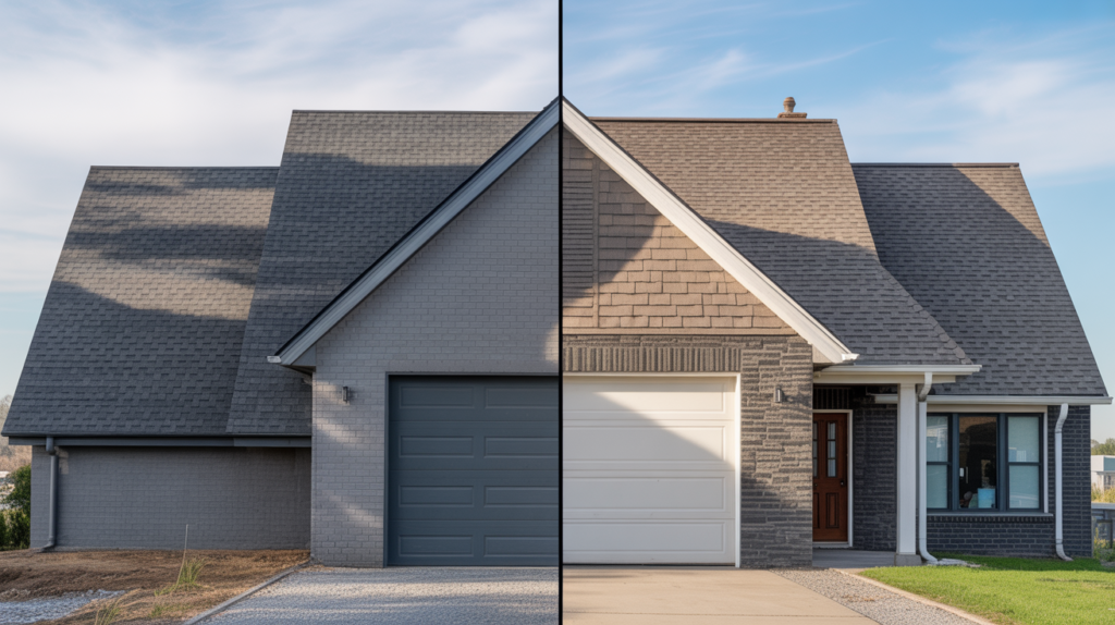 Side-by-side comparison of a home with 3-tab shingles and architectural shingles on the roof.