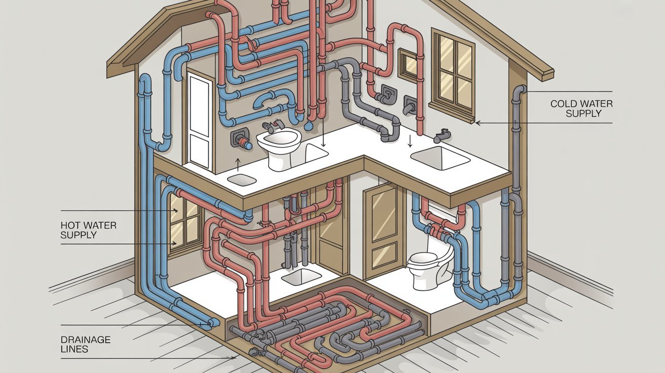 Illustration of residential water supply and drainage systems.