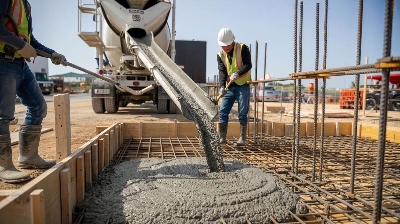 Concrete being poured into forms for a slab on grade foundation.
