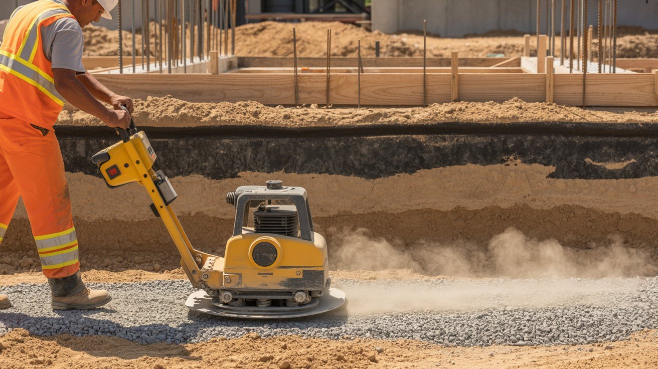 Soil compaction process before pouring a concrete slab.