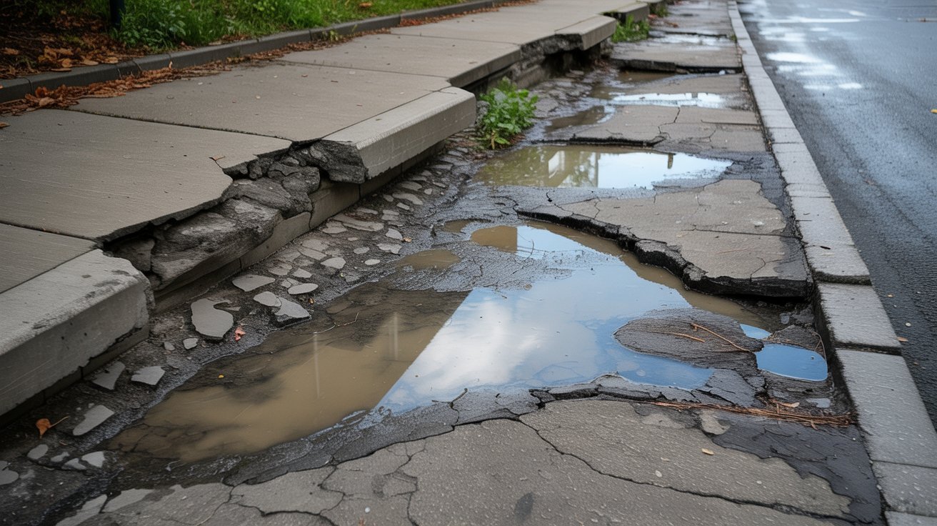 Uneven sidewalk with poor drainage causing cracks and water buildup.
