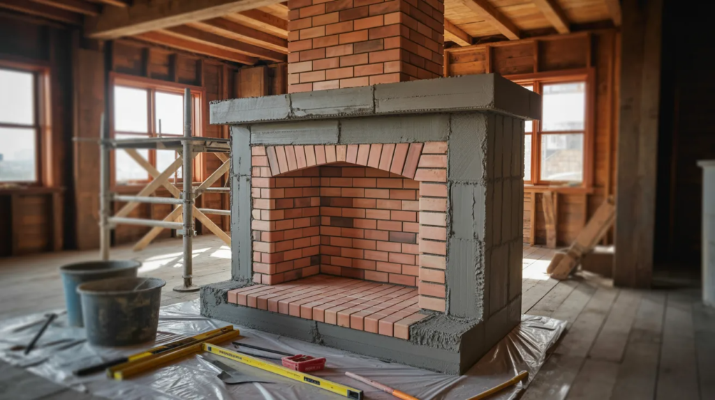 Masonry fireplace under construction with firebrick and chimney structure