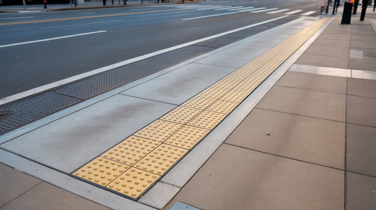 Smooth ADA sidewalk transition connecting curb ramp and street crossing.
