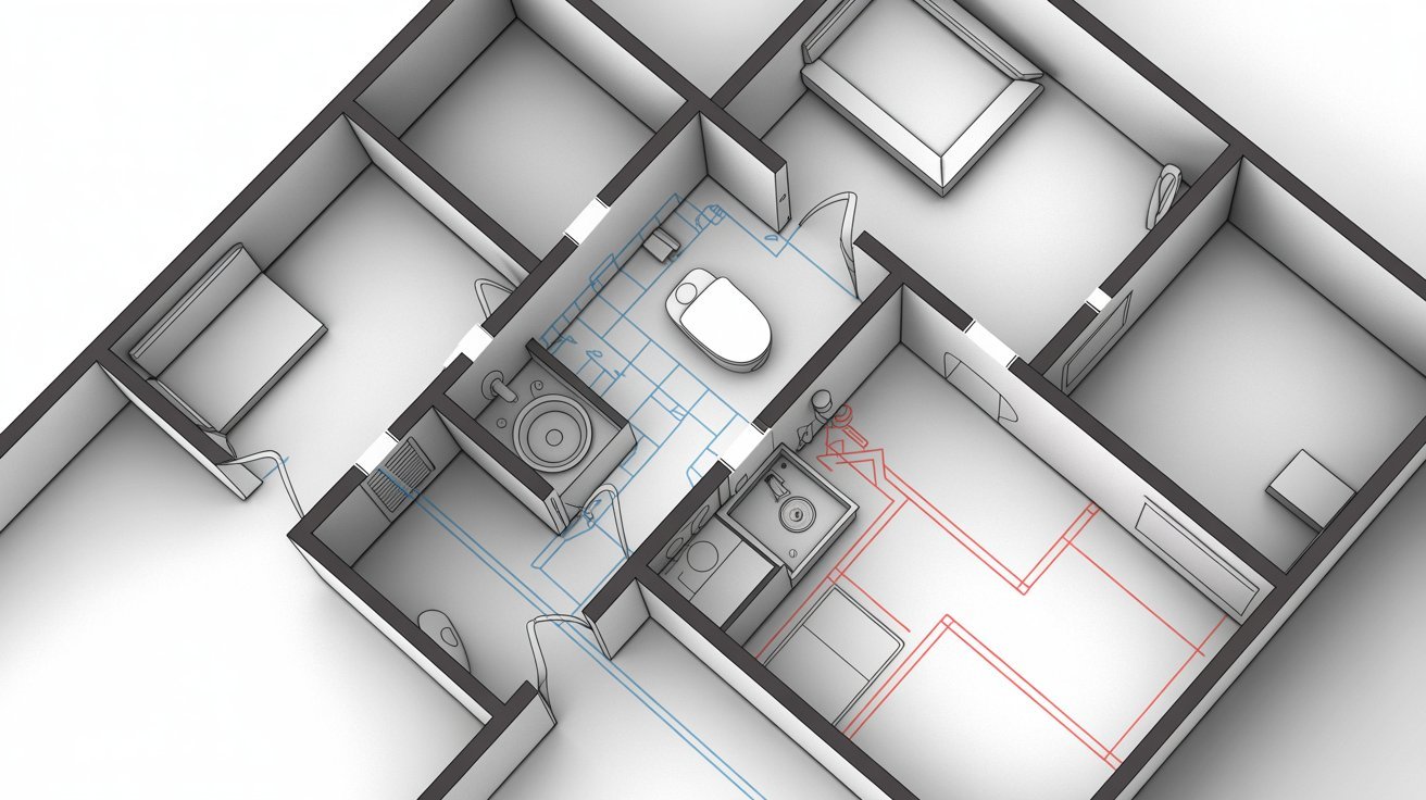 Floor plan showing smart bathroom and kitchen plumbing placement.