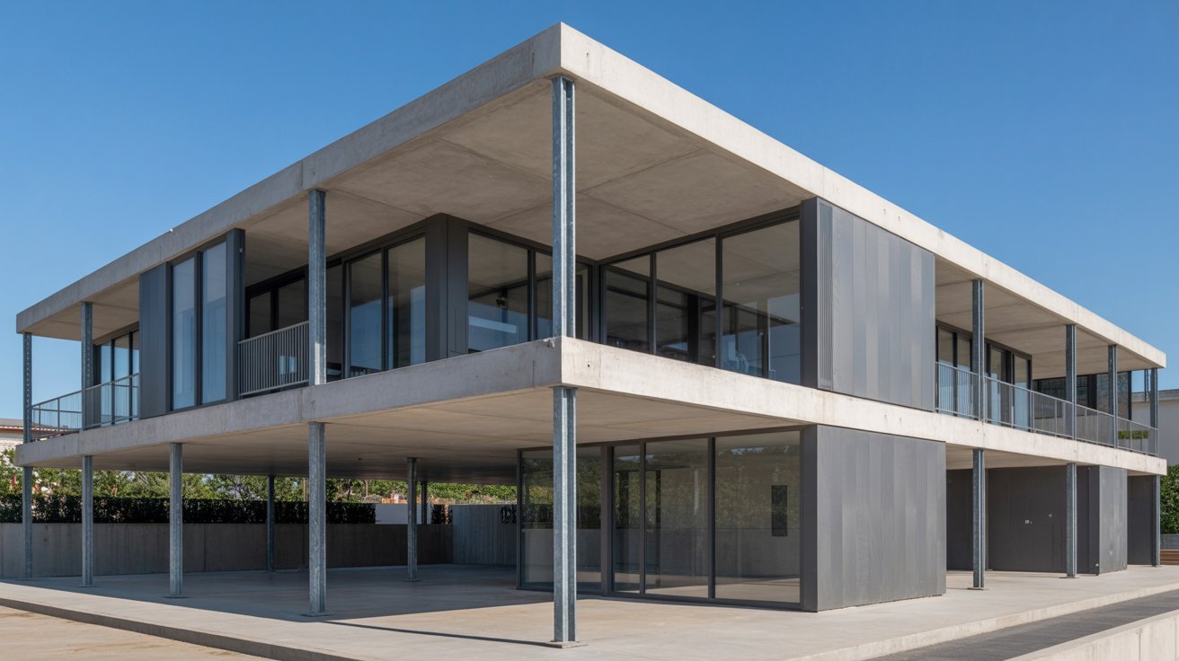 Residential and commercial buildings supported by slab foundations.
