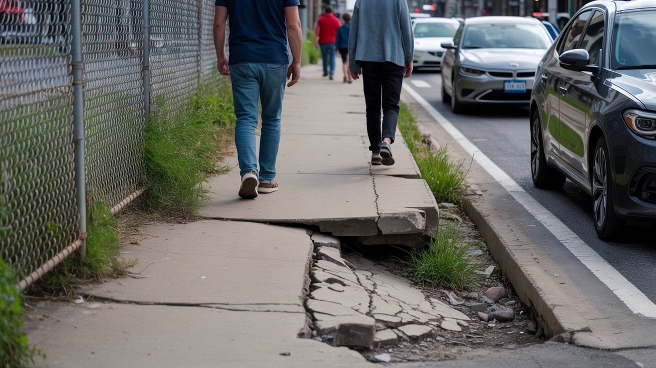 Narrow sidewalk creating unsafe walking conditions near traffic.
